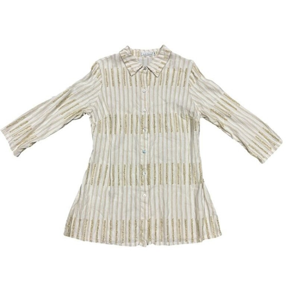 Cut Loose Linen Blend Ivory 3/4 Sleeve Casual Button Down Shirt Size Medium
